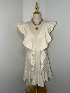 Women's Cream Ruffle V-Neck Mini Dress